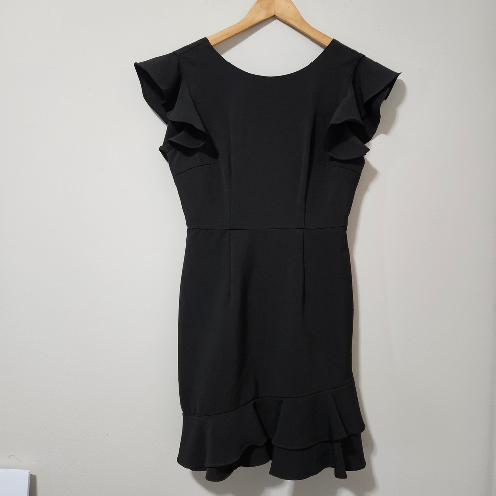 The Impeccable Pig Black Ruffle Sleeve Mini Dress V-Back Womens M